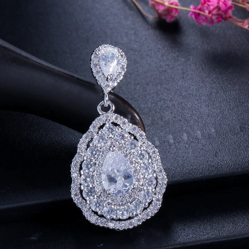 3Pcs Pack 2024 New Luxury Pear Silver Color Bride Jewlery Sets Dubai for Women Anniversary Gift Jewelry Wholesale J6115