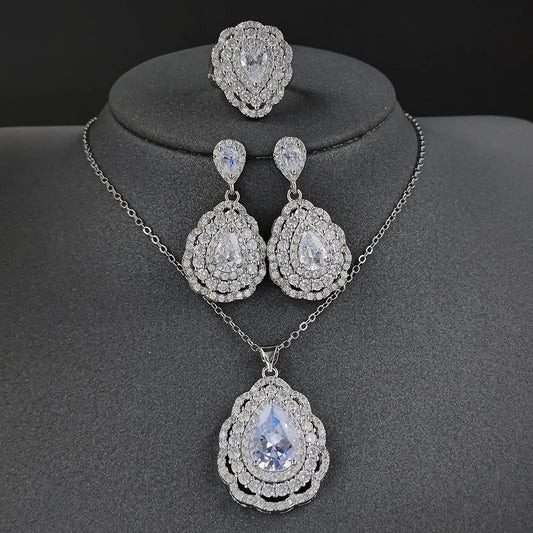 3Pcs Pack 2024 New Luxury Pear Silver Color Bride Jewlery Sets Dubai for Women Anniversary Gift Jewelry Wholesale J6115