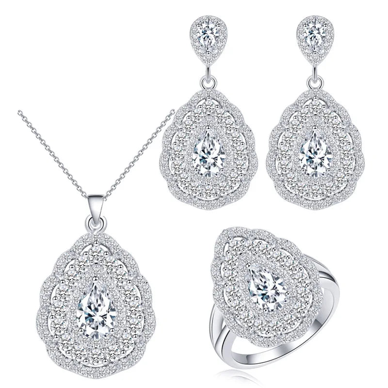 3Pcs Pack 2024 New Luxury Pear Silver Color Bride Jewlery Sets Dubai for Women Anniversary Gift Jewelry Wholesale J6115