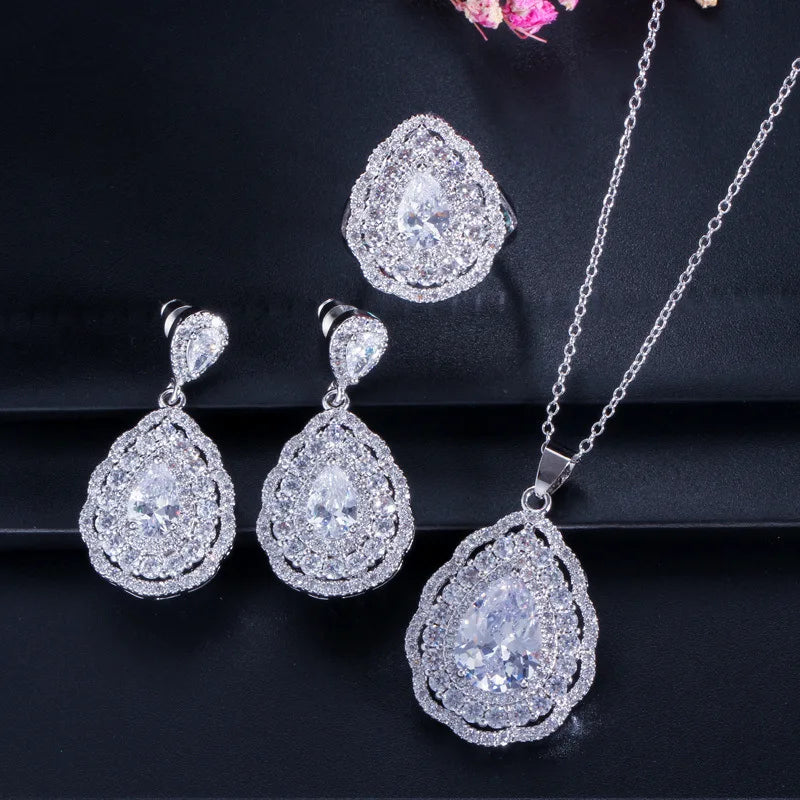 3Pcs Pack 2024 New Luxury Pear Silver Color Bride Jewlery Sets Dubai for Women Anniversary Gift Jewelry Wholesale J6115